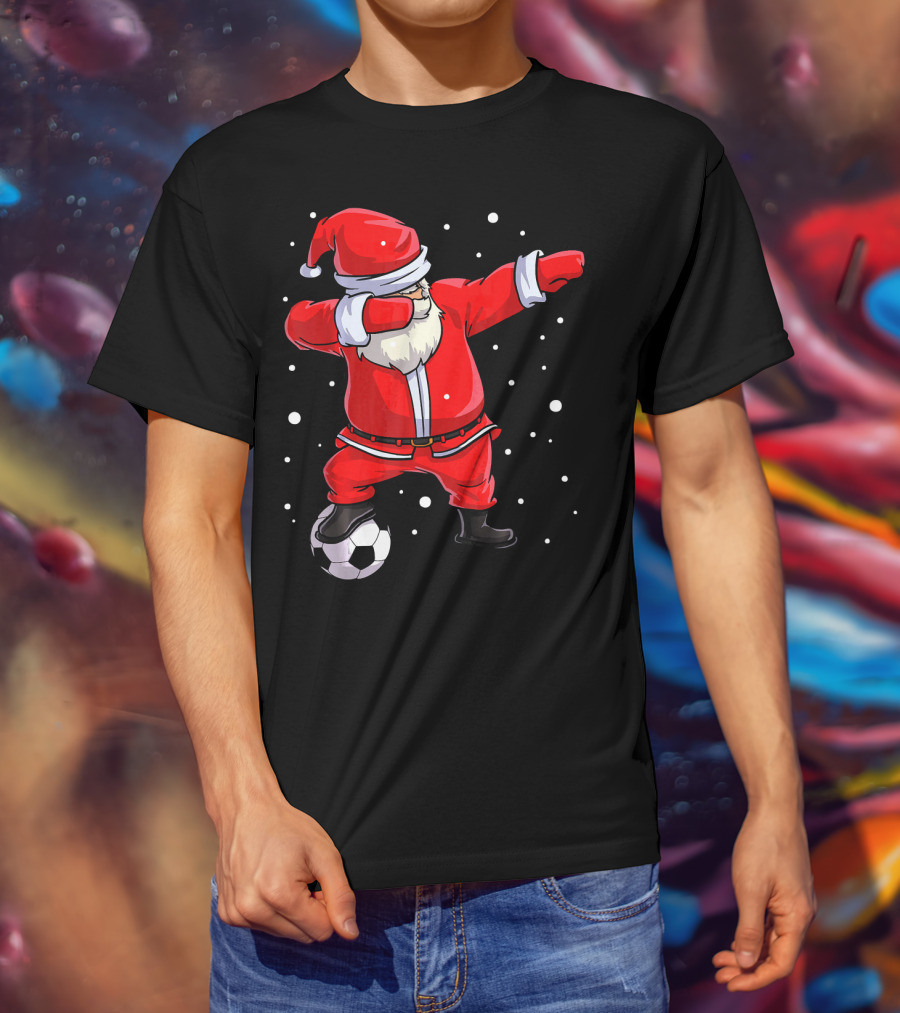 Santa Claus Dabbing On Soccer Ball Snowflakes Holiday T-Shirt