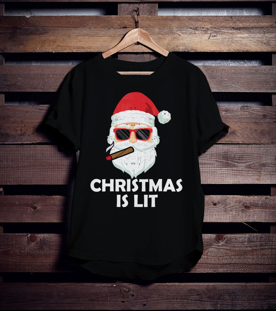 Christmas Is Lit Santa With Sunglasses And Cigar T-Shirt