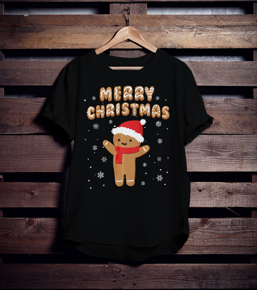 Merry Christmas Gingerbread Santa Hat Snowflakes T-Shirt