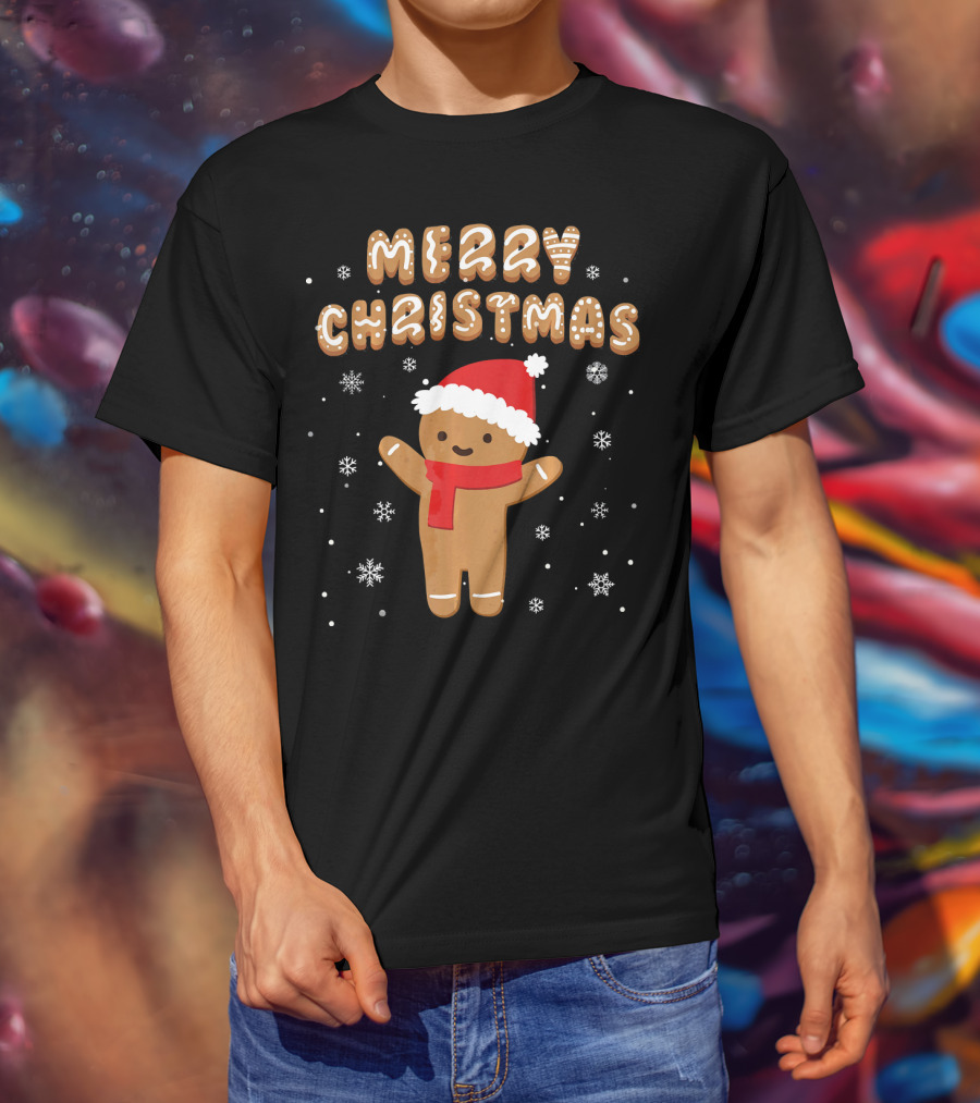 Merry Christmas Gingerbread Santa Hat Snowflakes T-Shirt