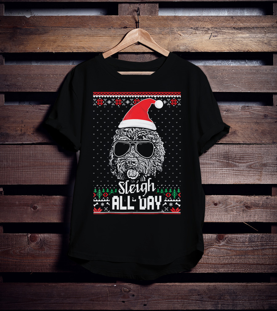 Sleigh All Day Christmas Labradoodle With Santa Hat And Sunglasses T-Shirt