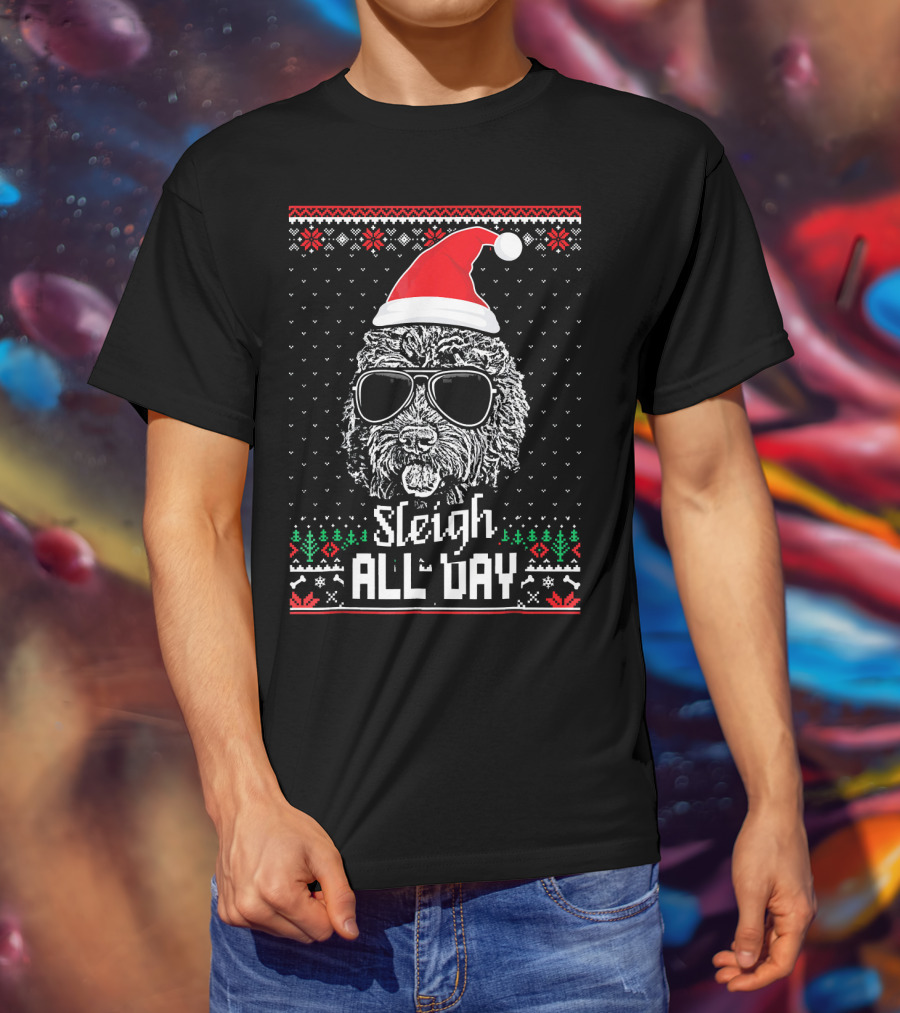 Sleigh All Day Christmas Labradoodle With Santa Hat And Sunglasses T-Shirt