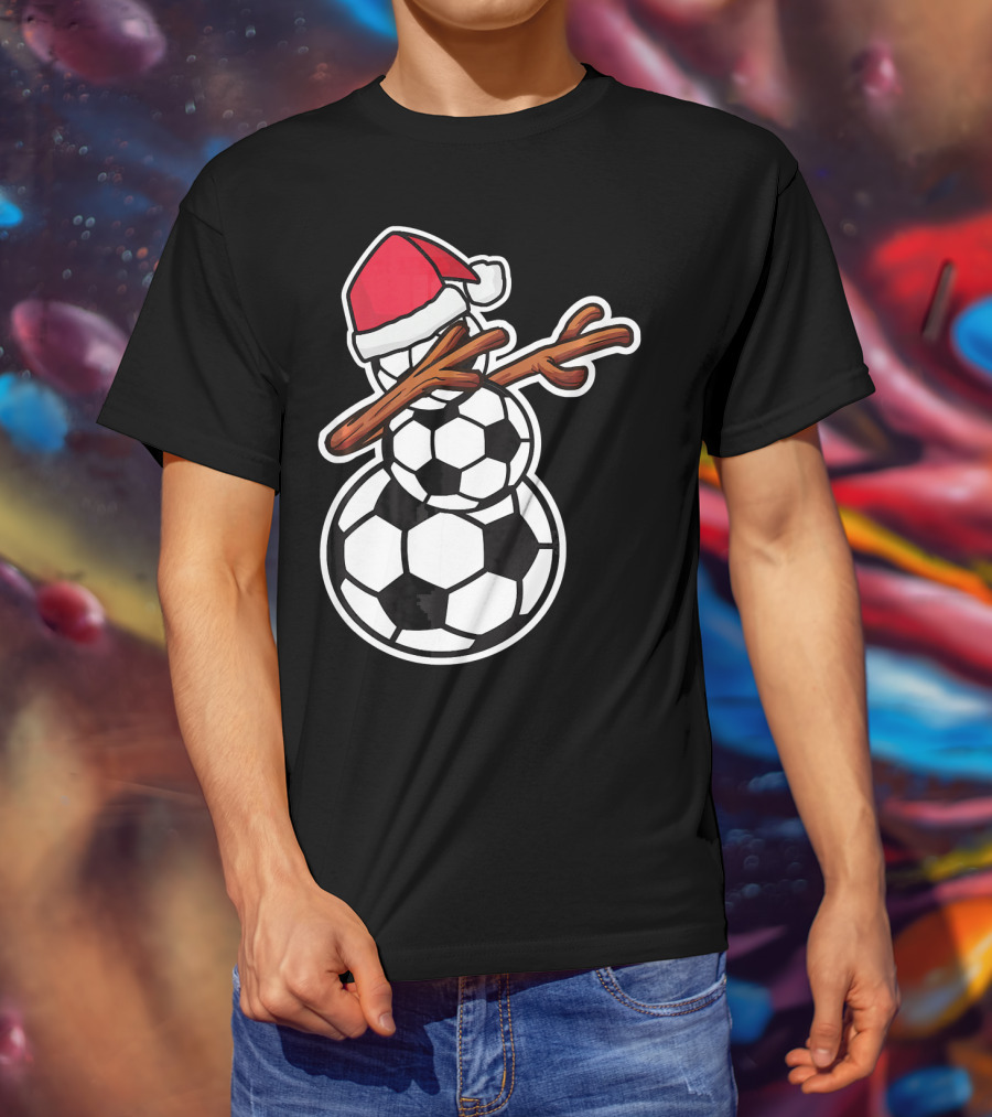 Dabbing Soccer Snowman With Santa Hat T-Shirt