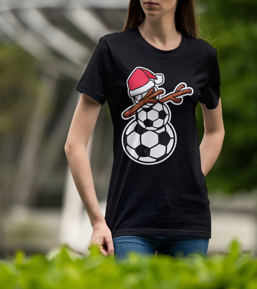 Dabbing Soccer Snowman With Santa Hat T-Shirt