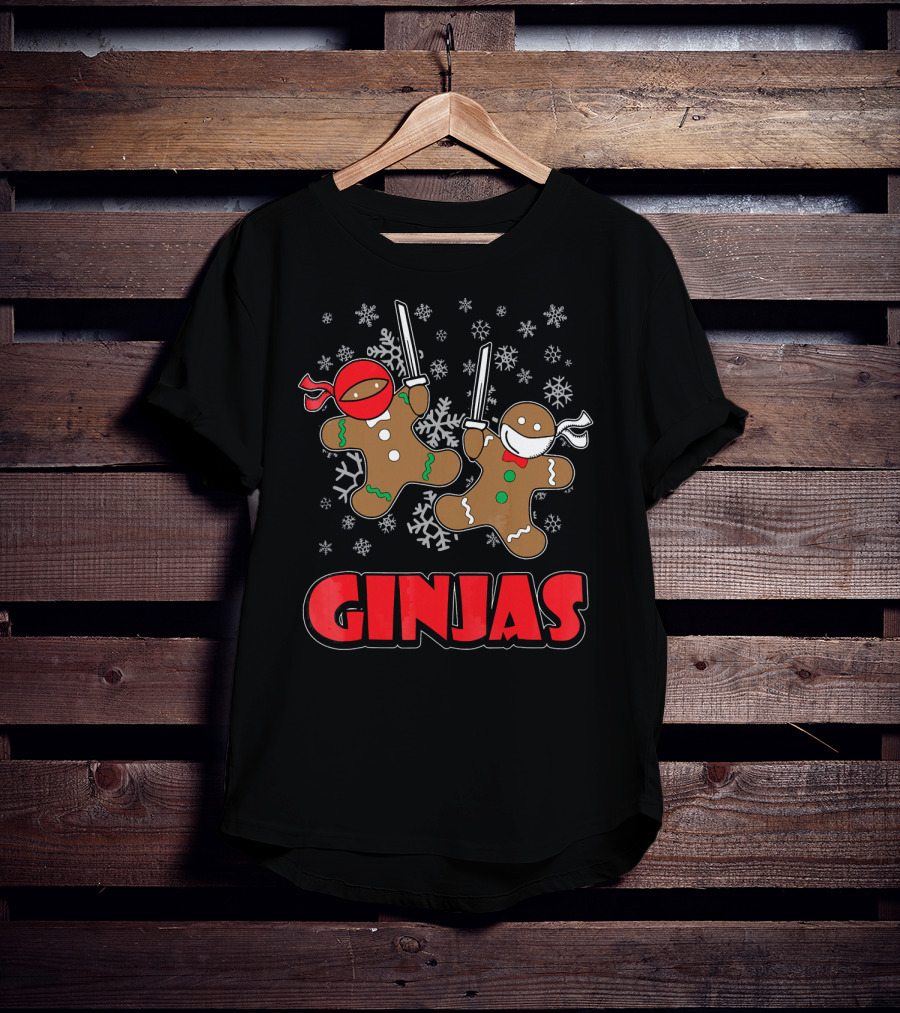 Gingerbread Man Ninjas Christmas In July Snowflakes T-Shirt