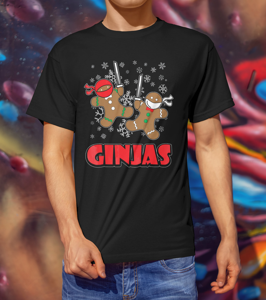 Gingerbread Man Ninjas Christmas In July Snowflakes T-Shirt