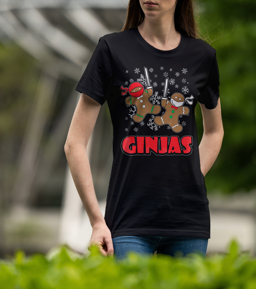 Gingerbread Man Ninjas Christmas In July Snowflakes T-Shirt