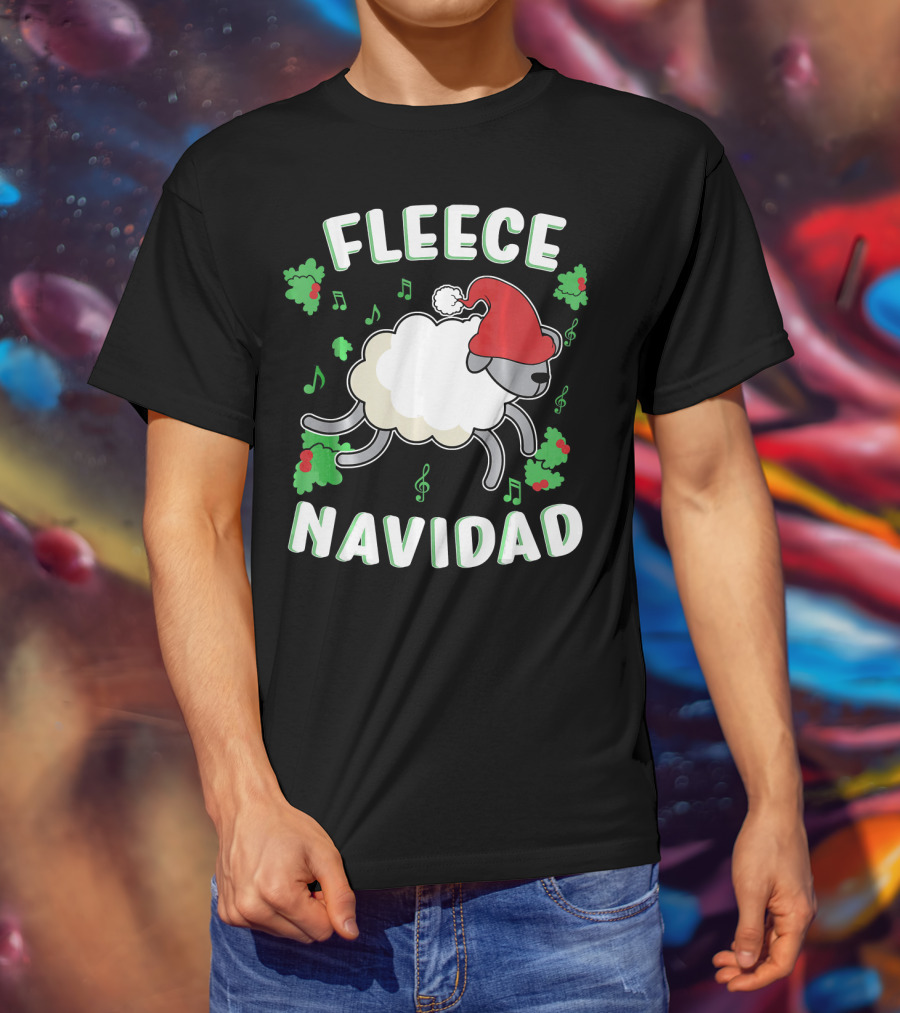 Fleece Navidad Lamb Christmas Xmas Santa Hat Music Notes Hollys T-Shirt