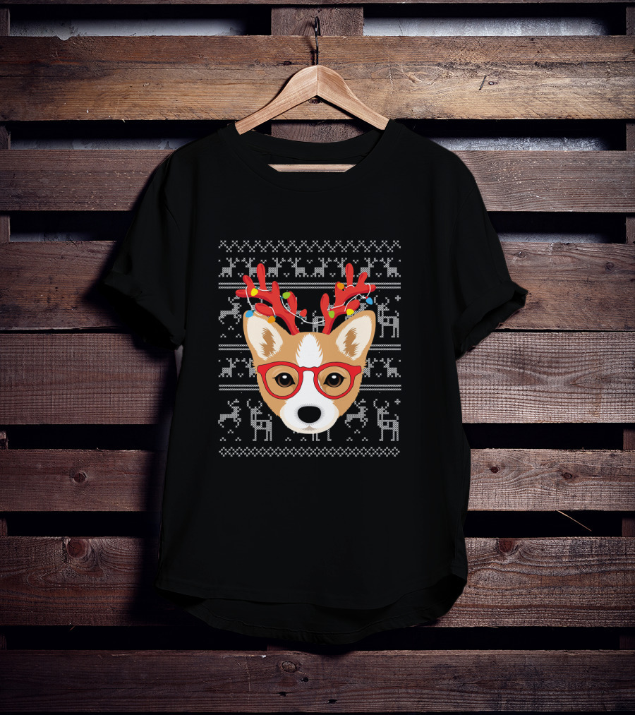 Corgi Puppy Dog With Xmas Antlers And Glasses Holiday T-Shirt