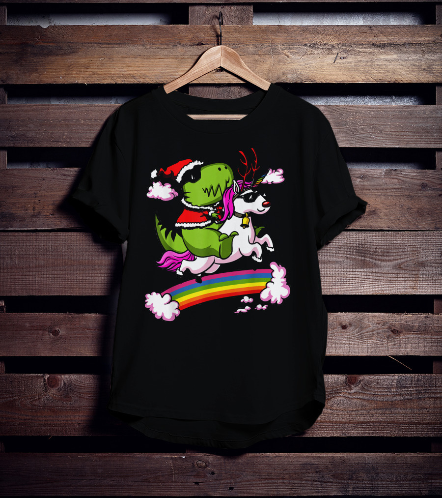 T Rex Dinosaur Santa Riding Unicorn Rainbow Cloud Adventure T-Shirt