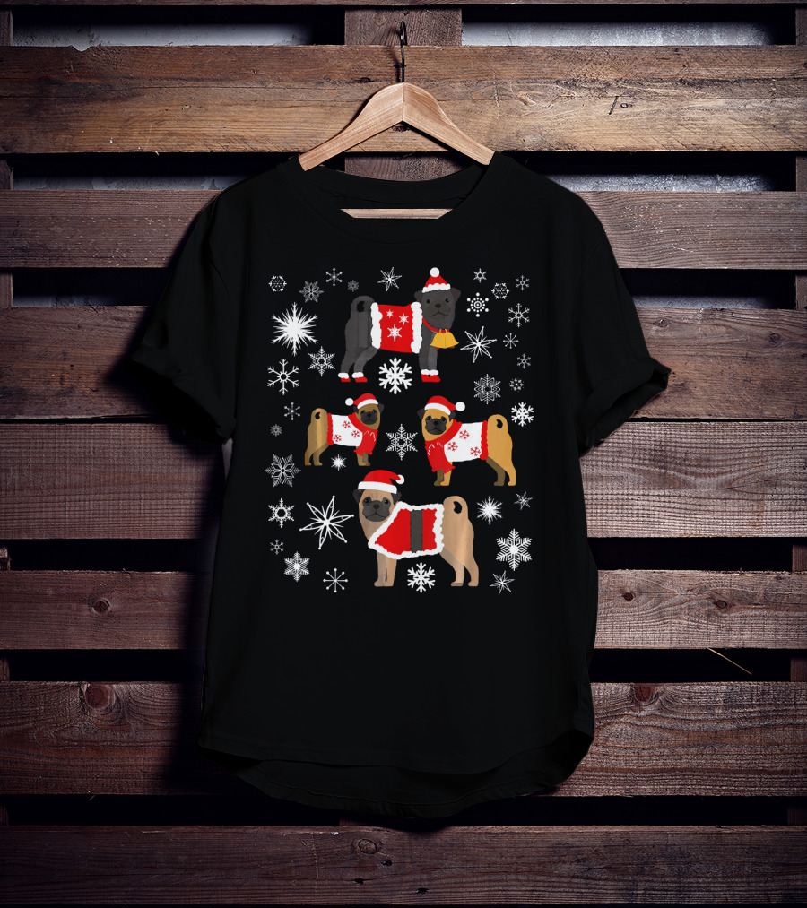 Pug Christmas Snowflakes Sweaters Santa Hats Holiday T-Shirt