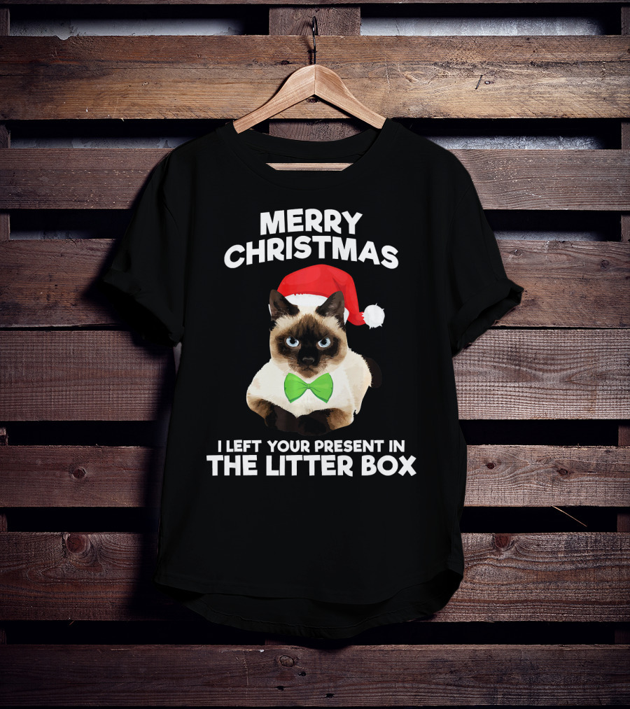 Merry Christmas I Left Your Present In The Litter Box Cat Santa Hat Bow Tie T-Shirt