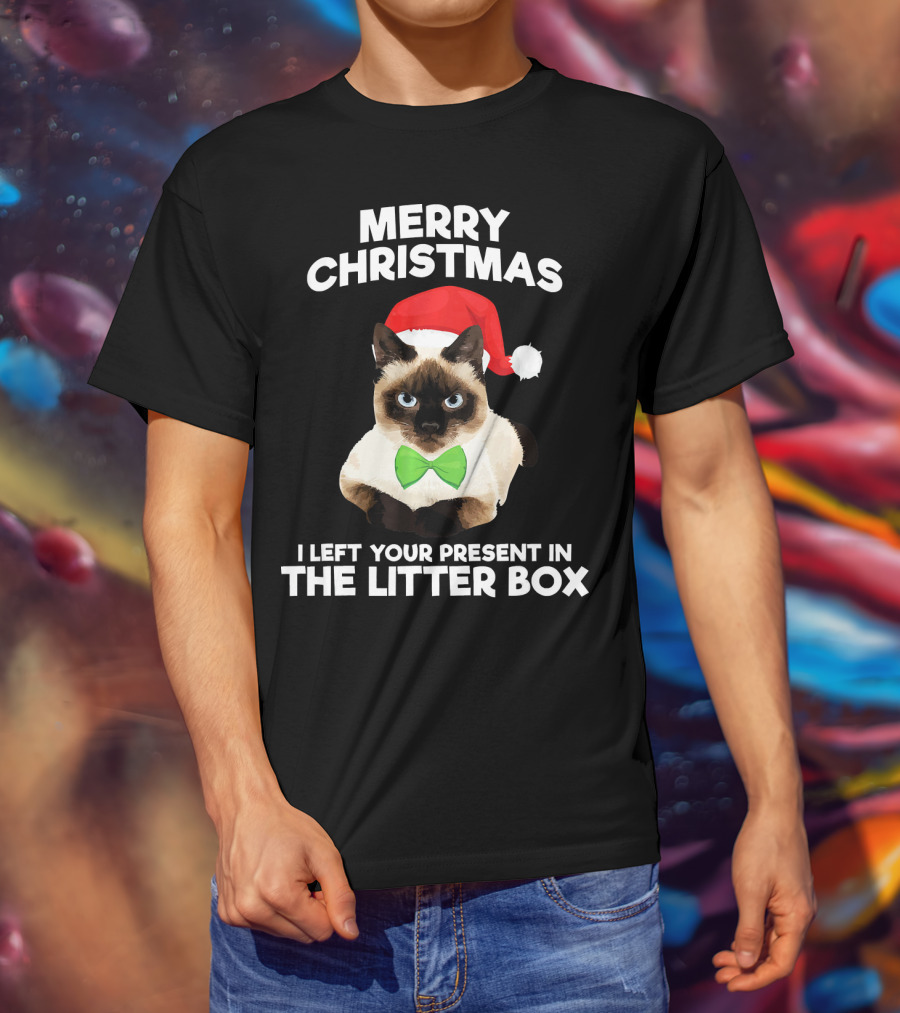 Merry Christmas I Left Your Present In The Litter Box Cat Santa Hat Bow Tie T-Shirt