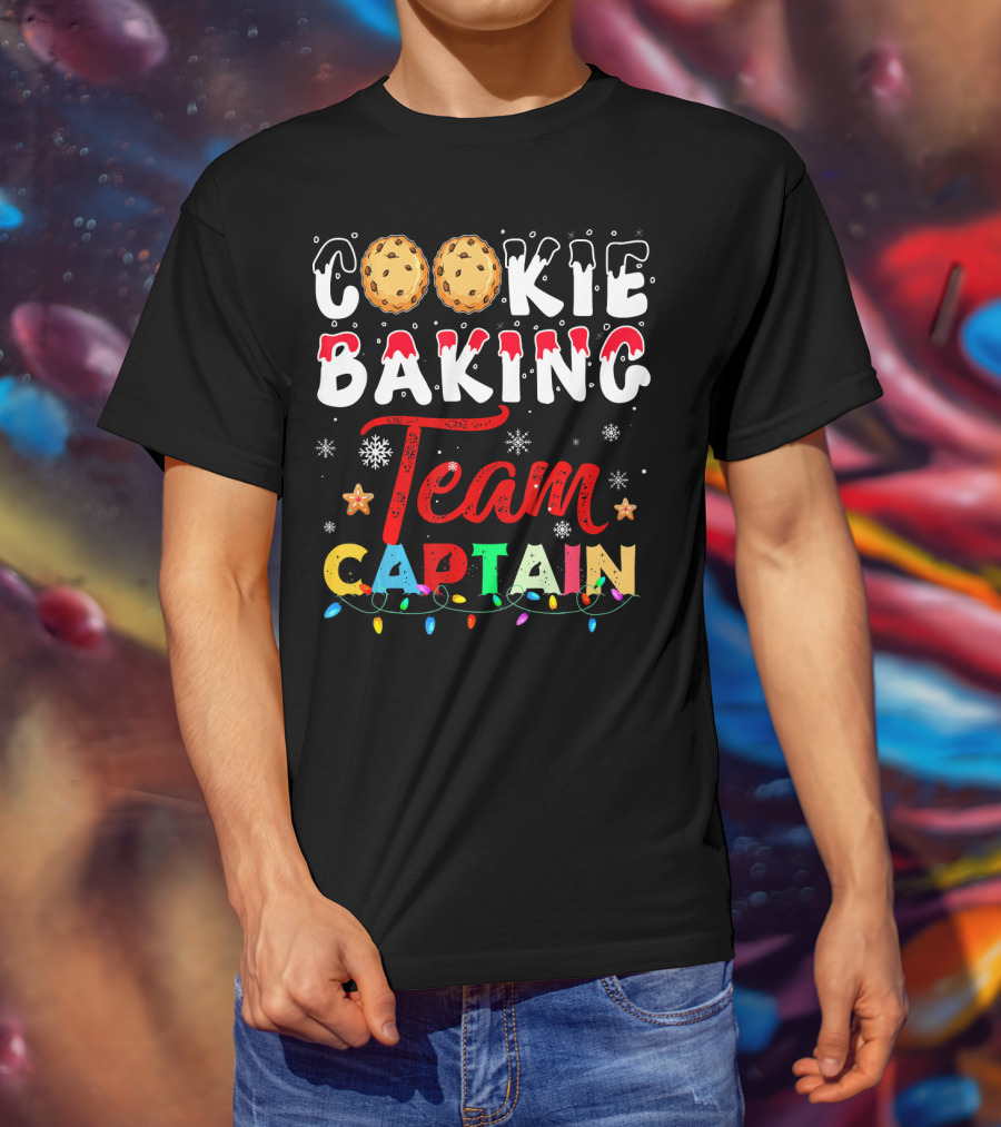 Christmas Cookie Baking Team Captain Holiday Lights Snowflakes Decor T-Shirt