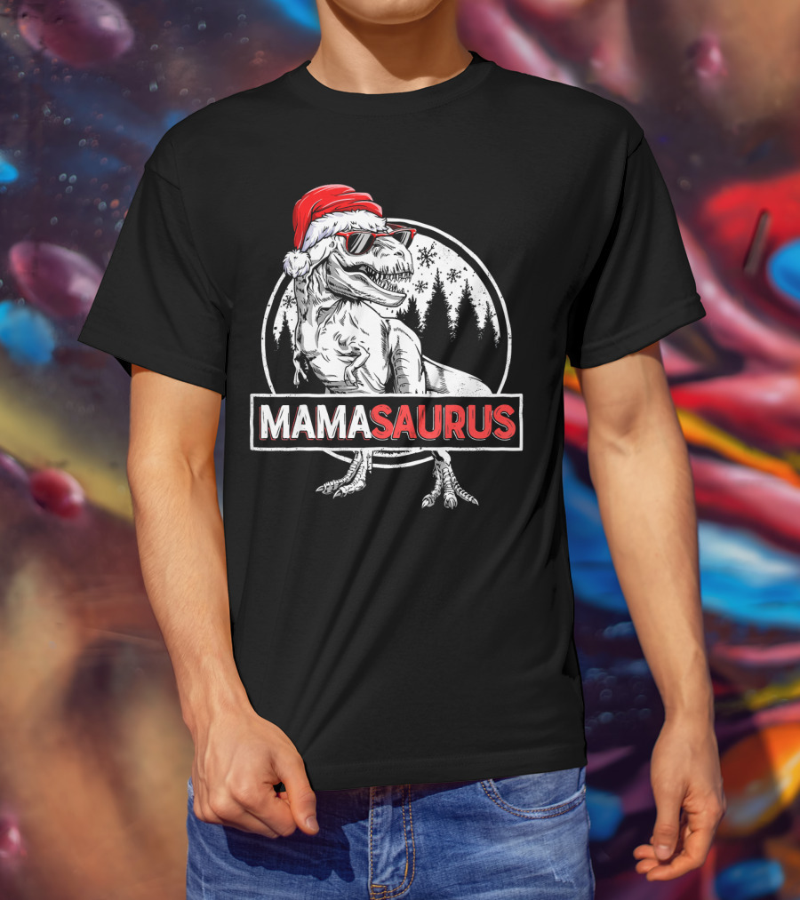 Mamasaurus Dinosaur Christmas Santa Hat Sunglasses T-Shirt