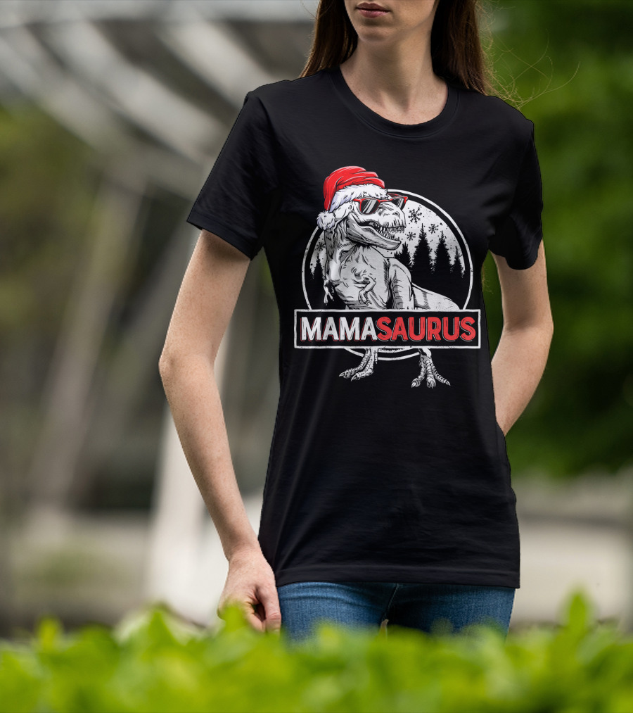 Mamasaurus Dinosaur Christmas Santa Hat Sunglasses T-Shirt