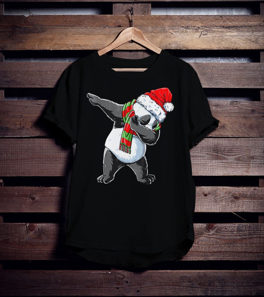 Panda Dabbing Santa Hat Red Green Scarf T-Shirt