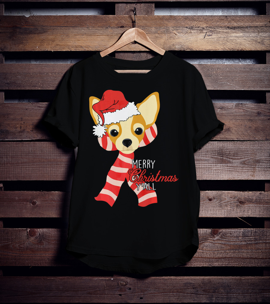 Merry Christmas Y'all Chihuahua Dog With Santa Hat And Scarf T-Shirt