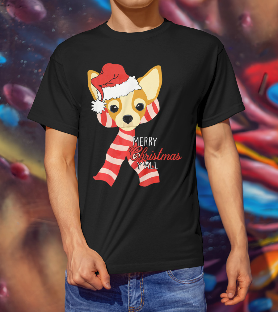 Merry Christmas Y'all Chihuahua Dog With Santa Hat And Scarf T-Shirt