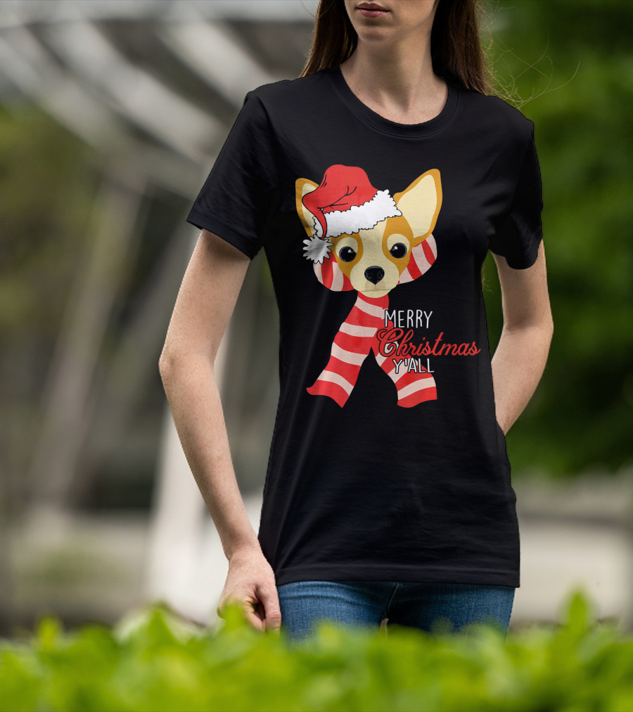 Merry Christmas Y'all Chihuahua Dog With Santa Hat And Scarf T-Shirt