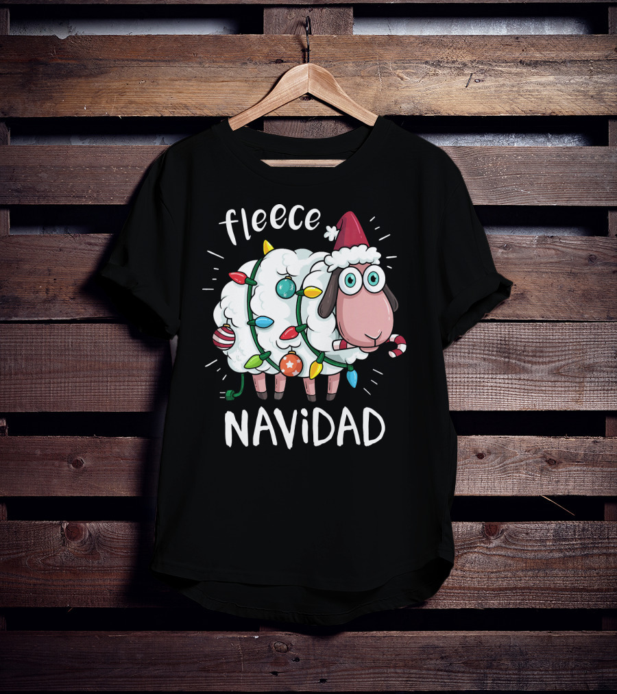 Fleece Navidad Funny Cute Sheep With Christmas Lights And Santa Hat T-Shirt