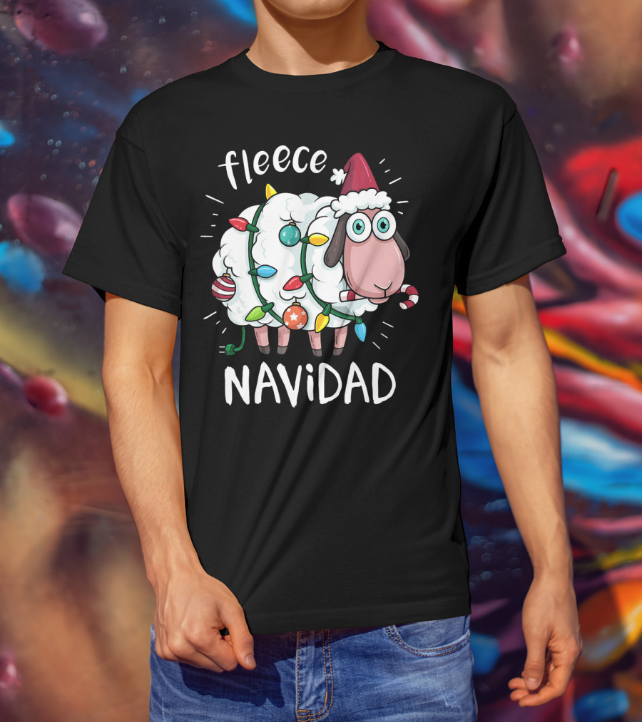 Fleece Navidad Funny Cute Sheep With Christmas Lights And Santa Hat T-Shirt