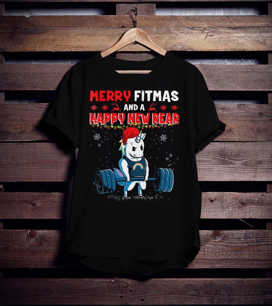 Merry Fitmas And A Happy New Rear Unicorn Weightlifting Santa Hat Snowflakes T-Shirt