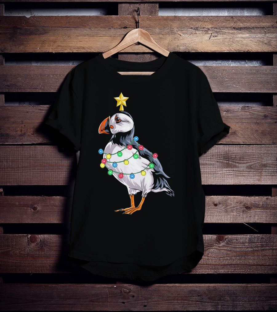 Puffin Bird Wrapped In Christmas Lights With Star T-Shirt