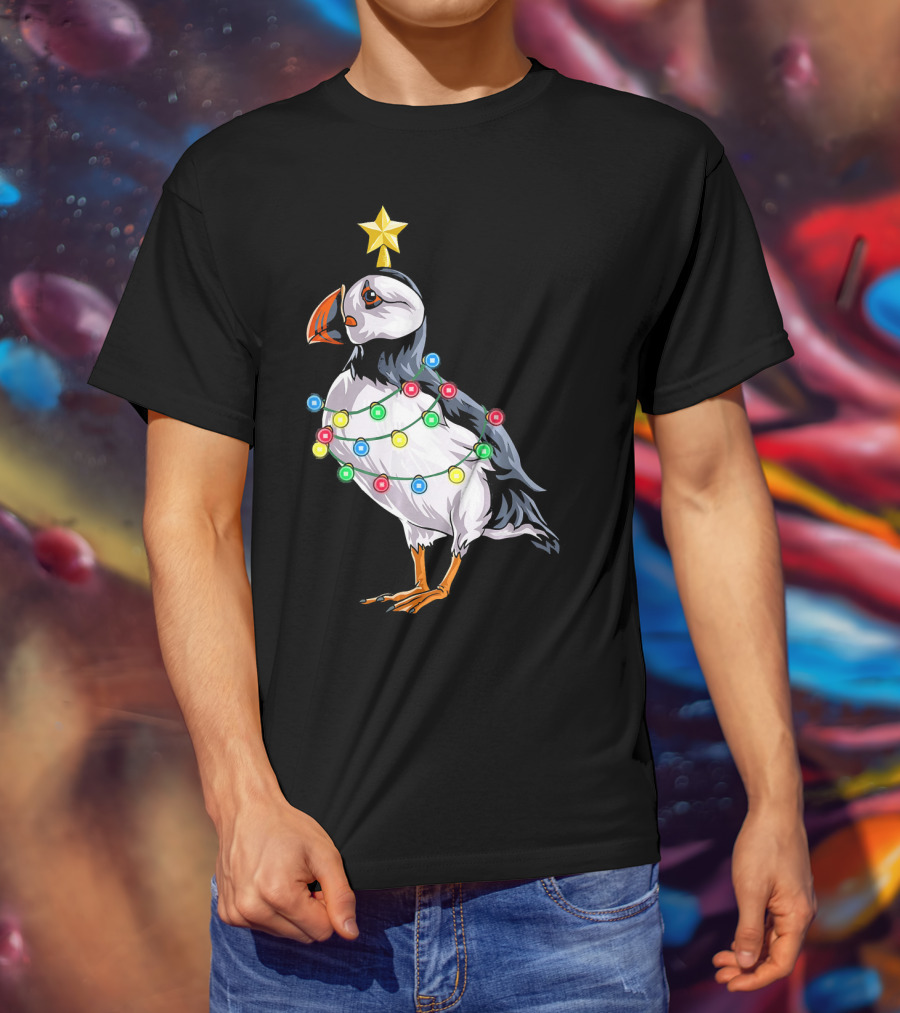 Puffin Bird Wrapped In Christmas Lights With Star T-Shirt