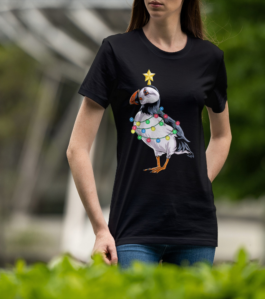 Puffin Bird Wrapped In Christmas Lights With Star T-Shirt