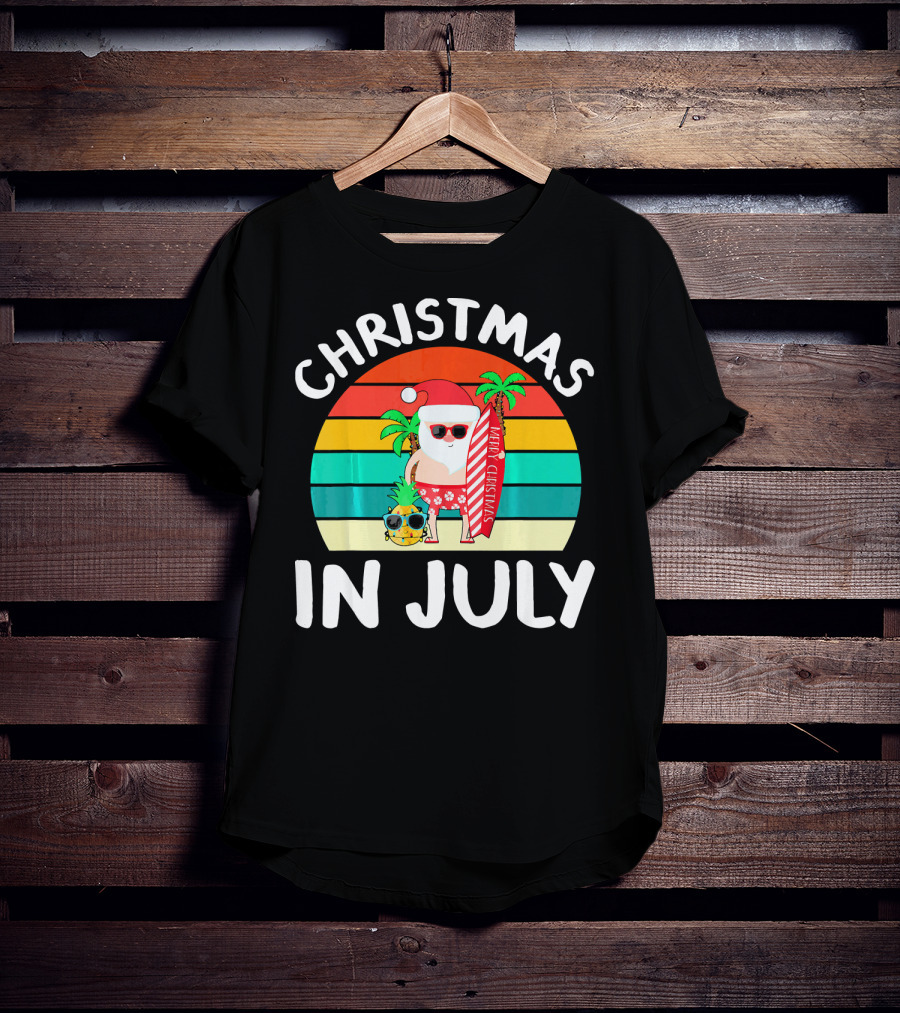 Christmas In July Vintage Santa Tropical Surfboard Merry Christmas T-Shirt