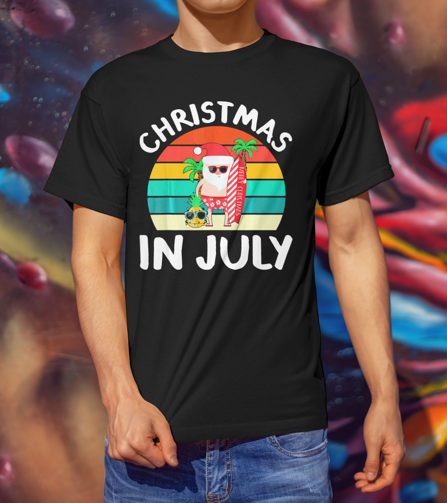 Christmas In July Vintage Santa Tropical Surfboard Merry Christmas T-Shirt