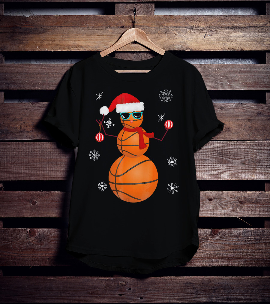 Christmas Basketball Snowman Santa With Sunglasses And Ornaments T-Shirt