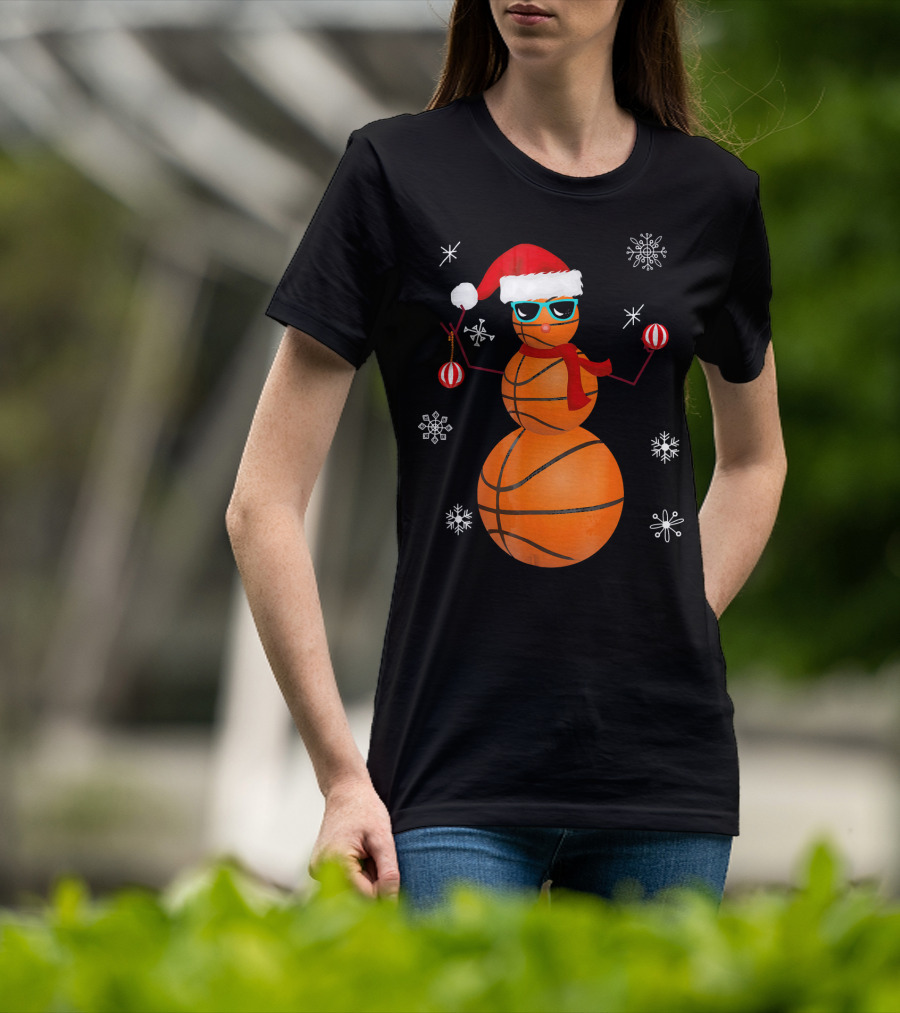 Christmas Basketball Snowman Santa With Sunglasses And Ornaments T-Shirt