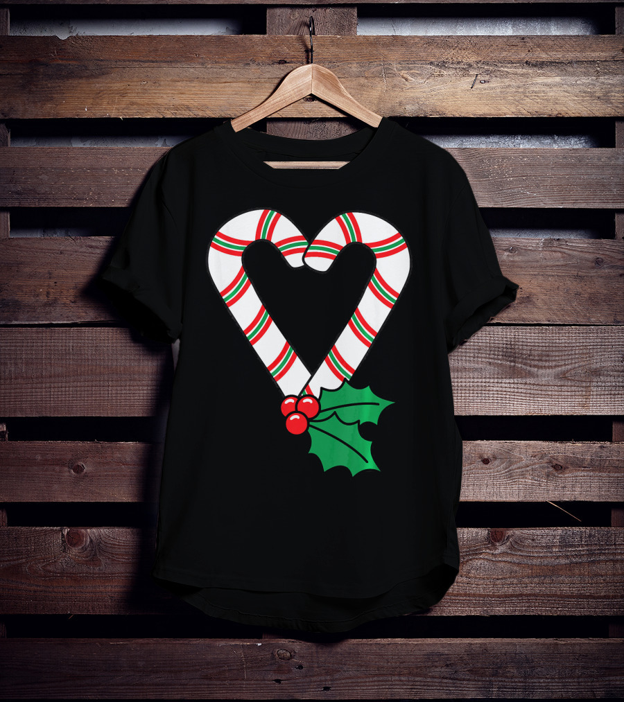 Christmas Candy Cane Heart Holly Berry T-Shirt