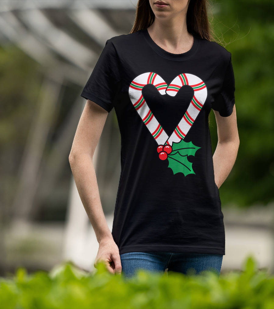 Christmas Candy Cane Heart Holly Berry T-Shirt