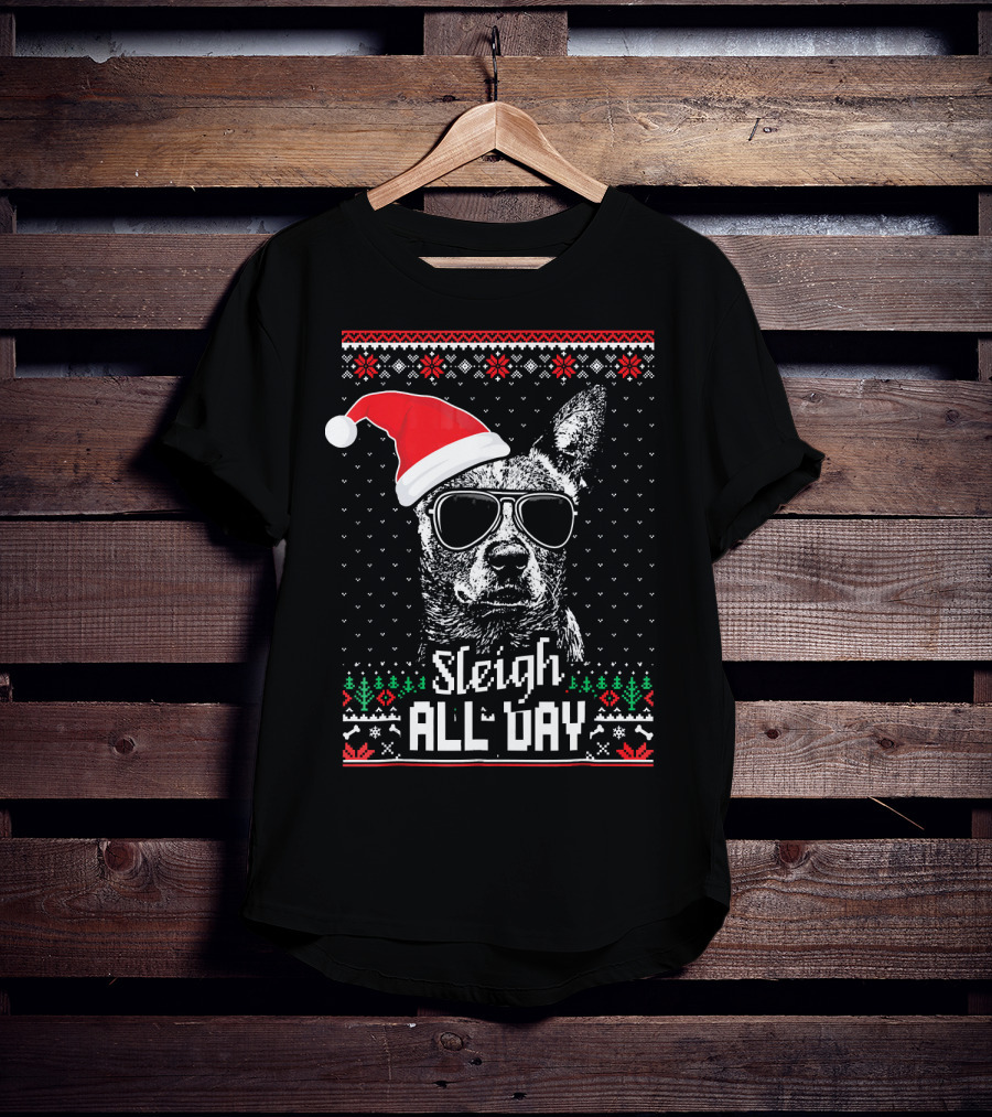 Sleigh All Day Funny Australian Cattle Dog Christmas Santa Hat Sunglasses Festive Knit T-Shirt