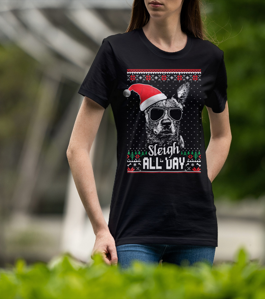 Sleigh All Day Funny Australian Cattle Dog Christmas Santa Hat Sunglasses Festive Knit T-Shirt