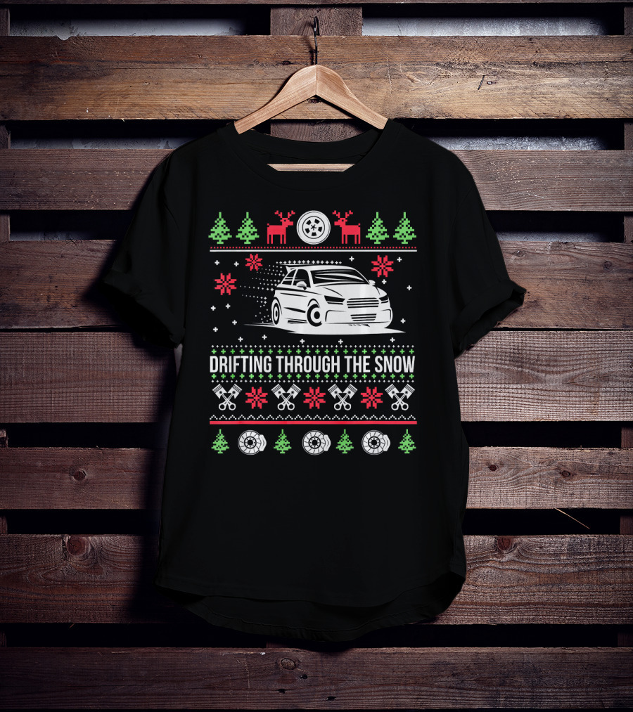 Drifting Through The Snow Christmas Car With Reindeer And Snowflakes T-Shirt