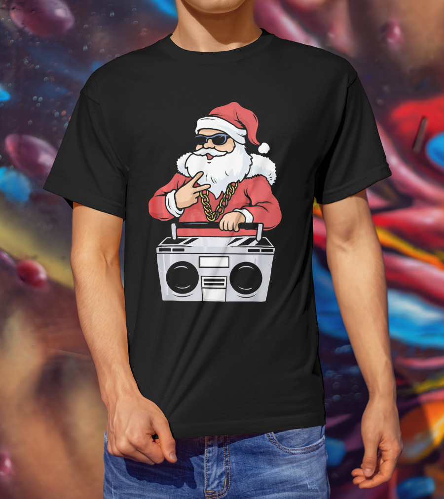 Santa Claus Rapper Style With Boombox And Bling T-Shirt