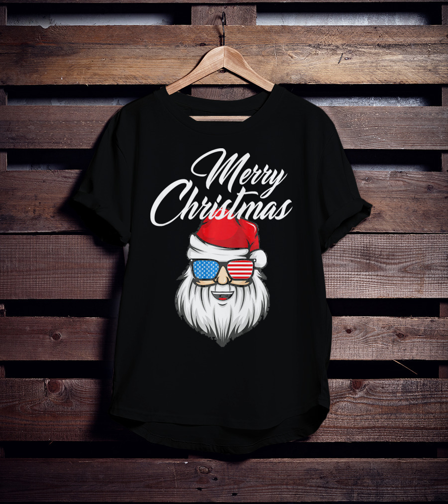 Merry Christmas Santa Claus Patriotic US Flag Sunglasses T-Shirt