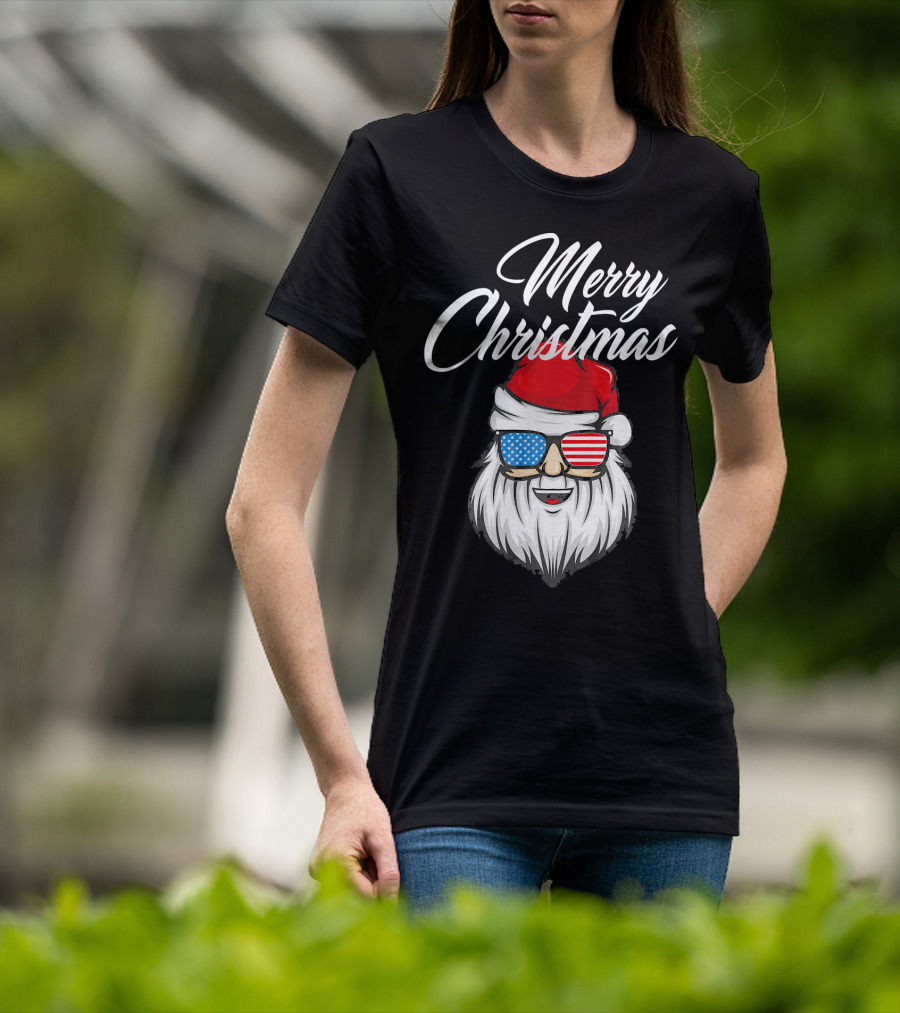 Merry Christmas Santa Claus Patriotic US Flag Sunglasses T-Shirt