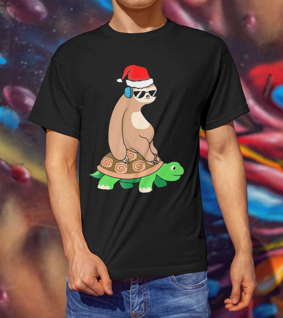 Xmas Sloth Riding Turtle Lazy Sloth Santa Hat Sunglasses T-Shirt