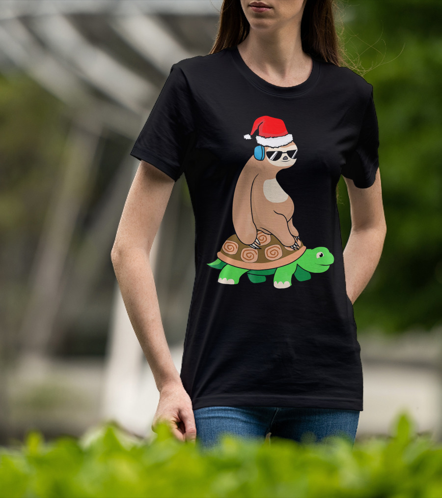 Xmas Sloth Riding Turtle Lazy Sloth Santa Hat Sunglasses T-Shirt