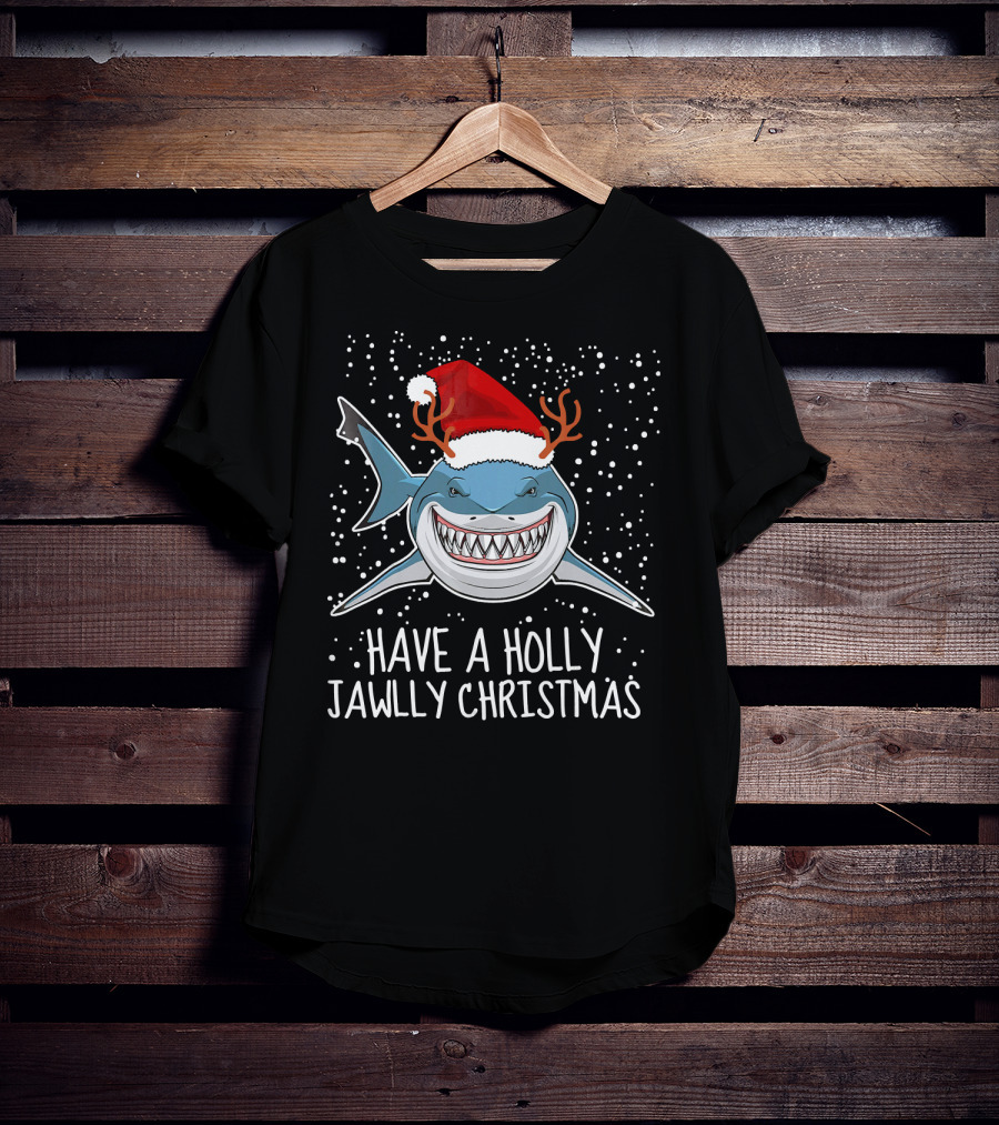 Have A Holly Jawlly Christmas Shark Santa Hat Reindeer Antlers T-Shirt