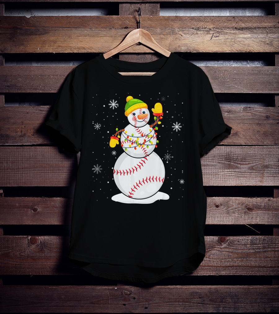 Christmas Snowman With Baseball Stitching And Santa Hat T-Shirt