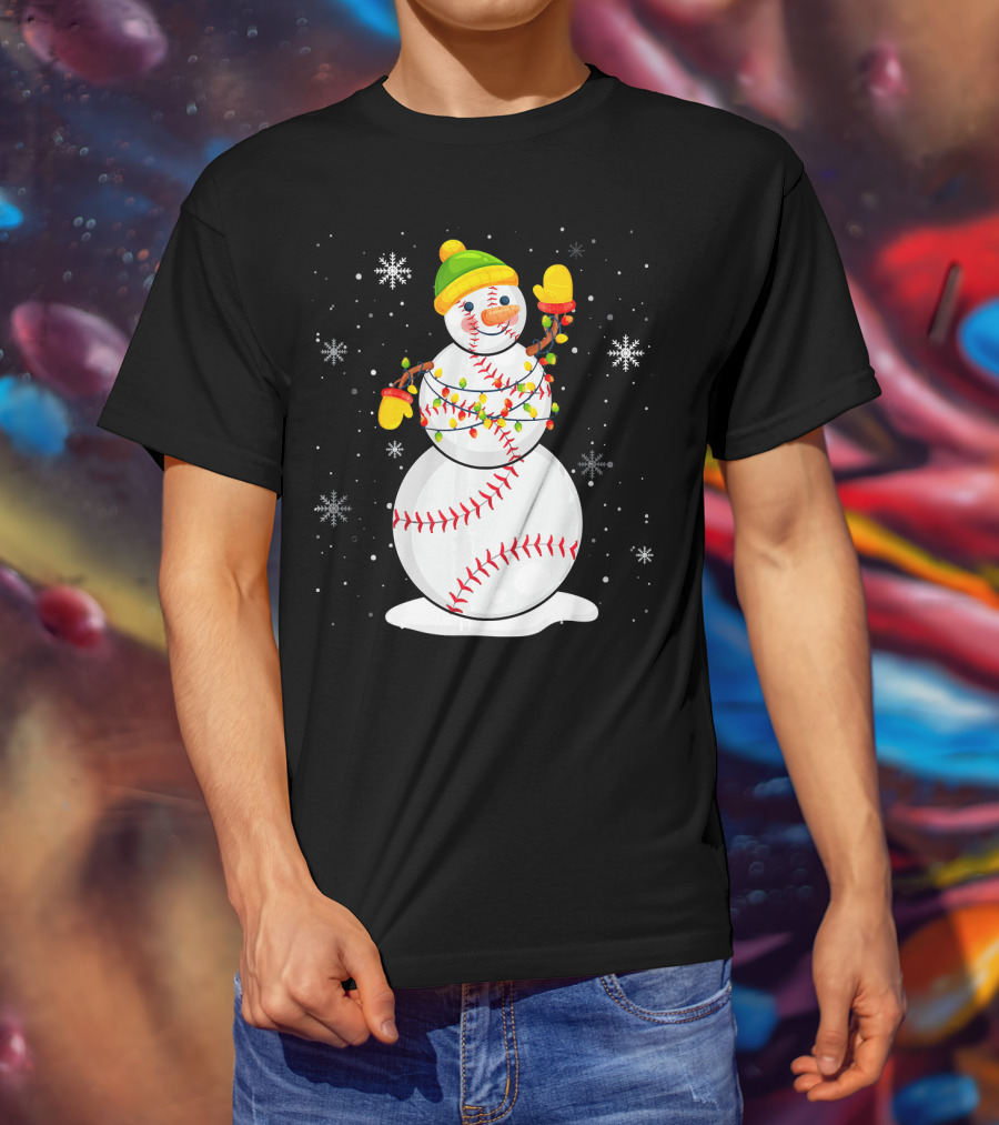 Christmas Snowman With Baseball Stitching And Santa Hat T-Shirt