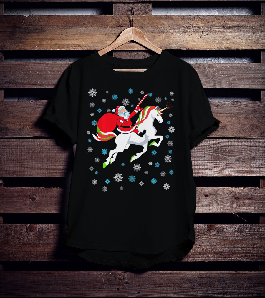 Christmas Unicorn Santa Riding Through Snowflakes T-Shirt
