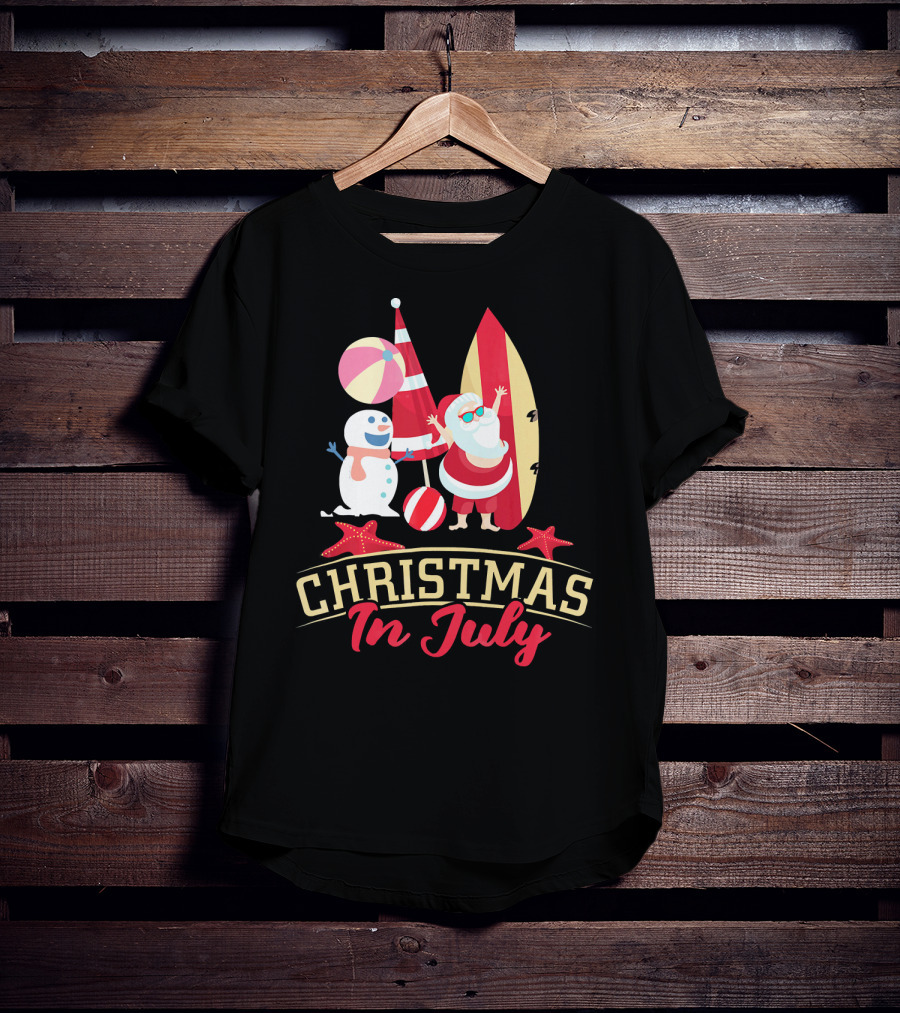 Christmas In July Santa Surfing Snowman Beach Ball T-Shirt