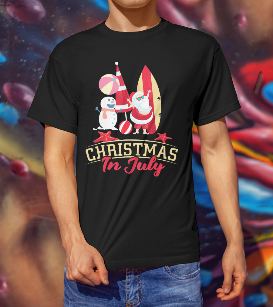 Christmas In July Santa Surfing Snowman Beach Ball T-Shirt